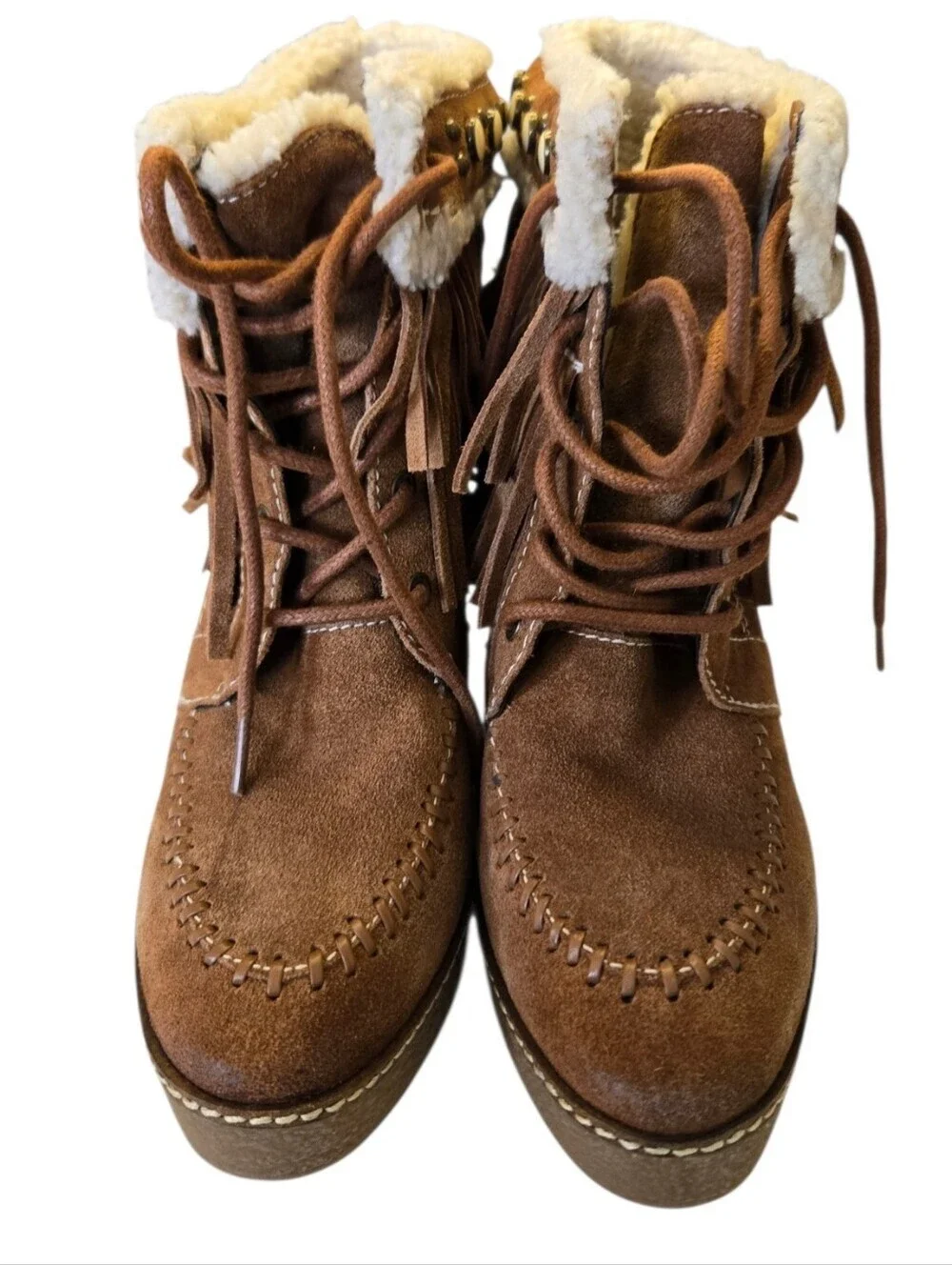 Sam Edelman Fringe Sherpa Lace Up Ankle Boots Brown Suede Size 8.5 🤎🍂